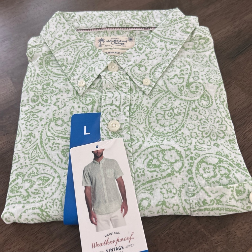 Original Weatherproof Vintage Shirt Button Down Short Sleeve NWT Green/White- L
